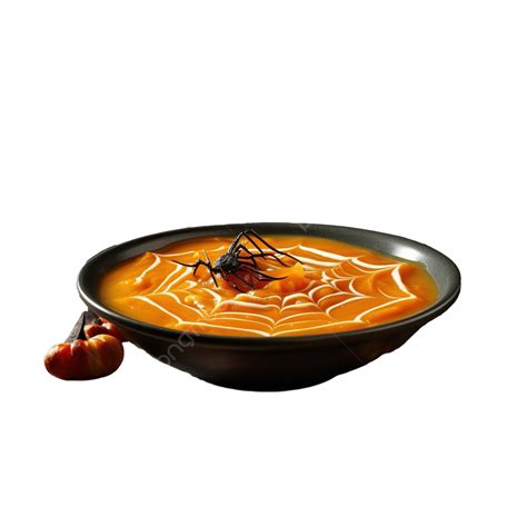 Funny Food For Halloween Pumpkin Puree Soup Spider Web Dark Old Wooden