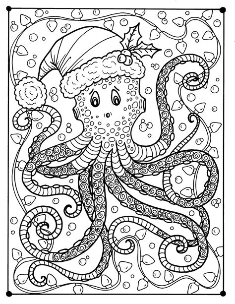 Color over all of the varying shades of gray and make the christmas symbols come to life. Octopus Christmas Coloring page Adult color Holidays beach ...