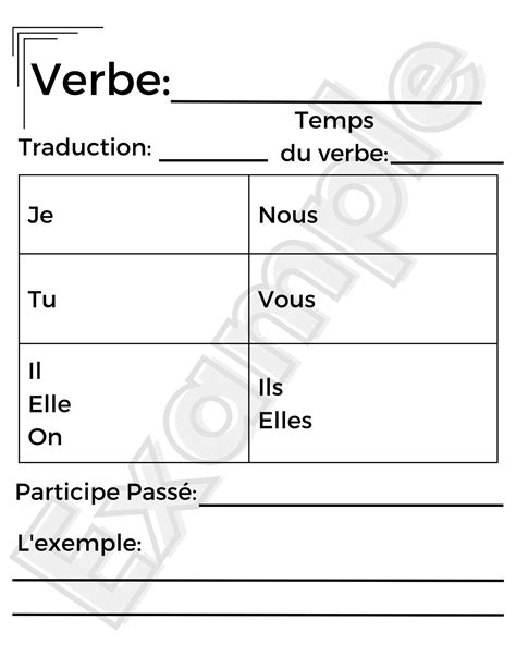 Buy Printable French Verb Conjugation Worksheet and Note Page