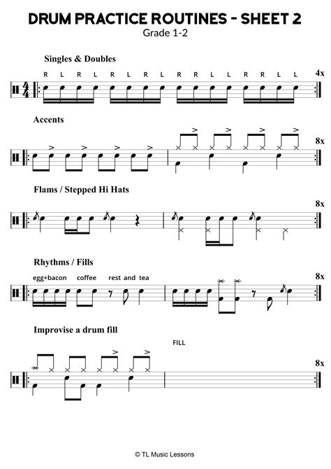 Drum Practice Routines Sheet 2 Grade 1 2 Learn Drums For Free