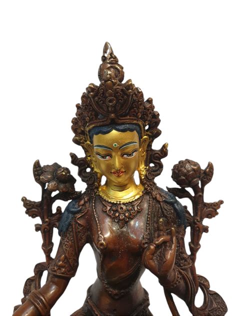 Tibetan Buddhist Statue Of Green Tara Oxidized And Painted Face