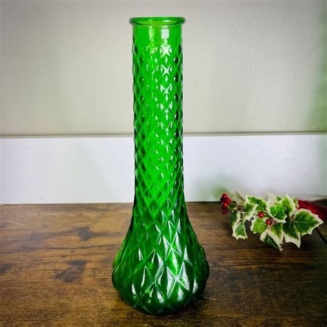 Vintage Green Glass Vase Diamond Point Hoosier Glass Etsy