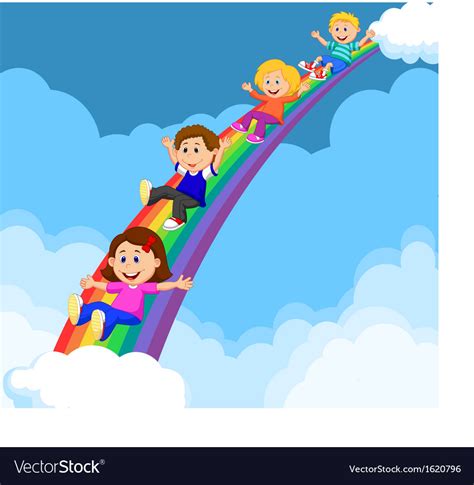 Cartoon Kids Sliding Down A Rainbow Royalty Free Vector