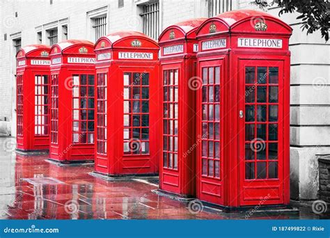 Traditional British Red Phone Boxes In A Row In Covent Garden London