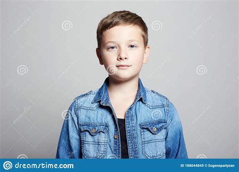 Portrait Of Child Handsome Little Boy In Jeans Wear Stock Image
