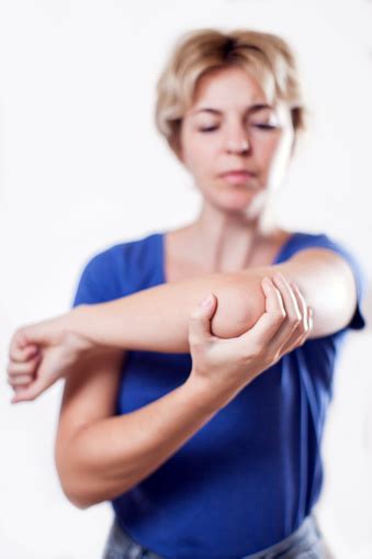 Woman Feels Elbow Pain Isolated People Healthcare And Medicine Concept