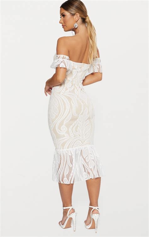 White Bardot Lace Frill Hem Midi Dress Prettylittlething Usa