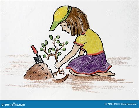 Planted Flower Girl Stock Illustration Illustration Of Sapling 74931692