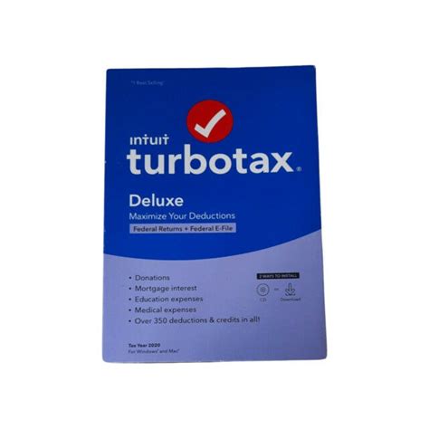 Intuit TurboTax Deluxe Federal Returns And E File 2020 1 User For