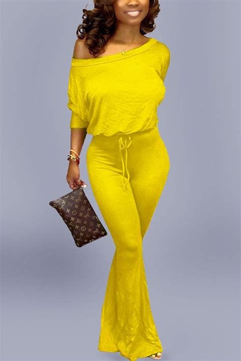 fashion casual solid color bat sleeve yellow jumpsuit xxl in 2021