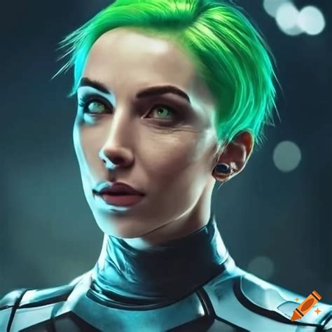portrait of a futuristic woman with green hair and green eyes