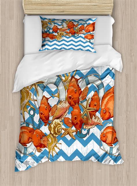 Nautical duvet cover set with pillow shams stripes maritime icons print. Nautical Duvet Cover Set, Chevron Zigzag Lines with Fishes ...