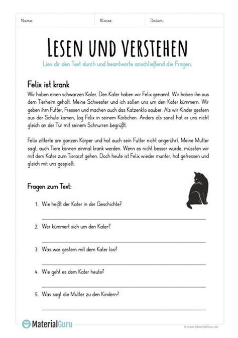Die kuh auf der alten mauer ab: Lesen & Verstehen: Felix ist krank | Unterricht lesen ...