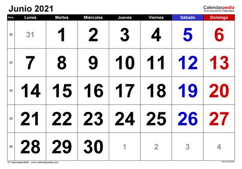 Calendario Junio 2021 En Word Excel Y Pdf Calendarpedia