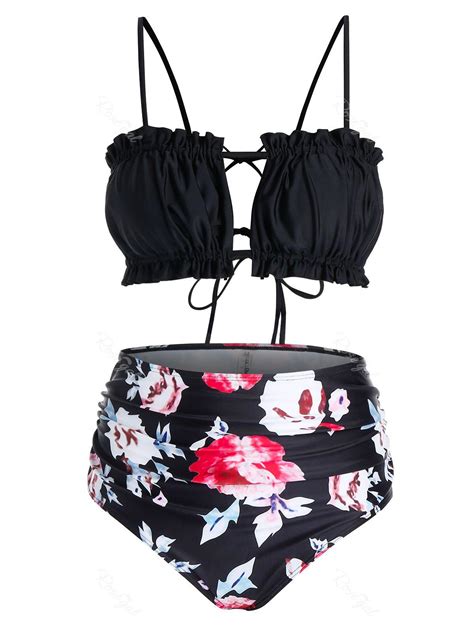 Plus Size Floral Print Ruched Tie Back Bikini Swimwear [37 Off] Rosegal