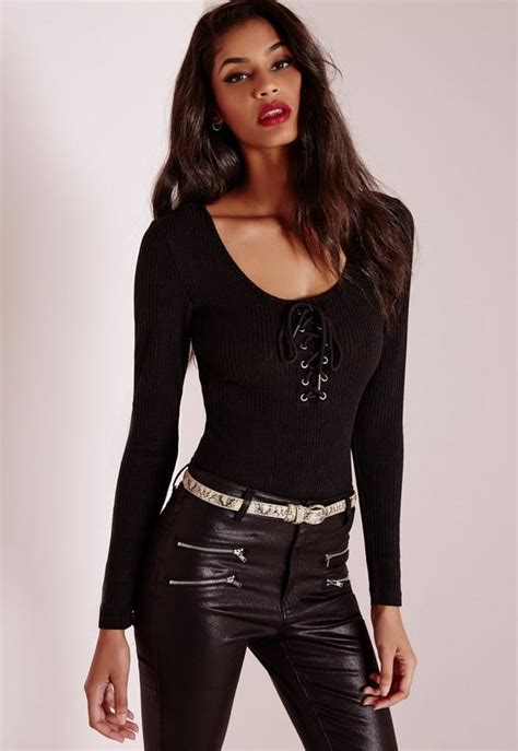 Lace Up Long Sleeve Bodysuit Black Missguided