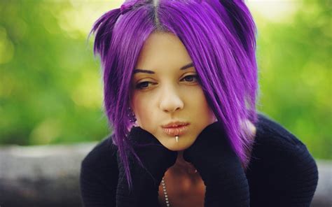 Cropped tousled style in black and purple. women, Purple Hair, Brown Eyes, Piercing Wallpapers HD ...