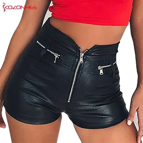 Sexy Tight Mid Waiste Black Pu Leather Shorts For Women Tight Vintage