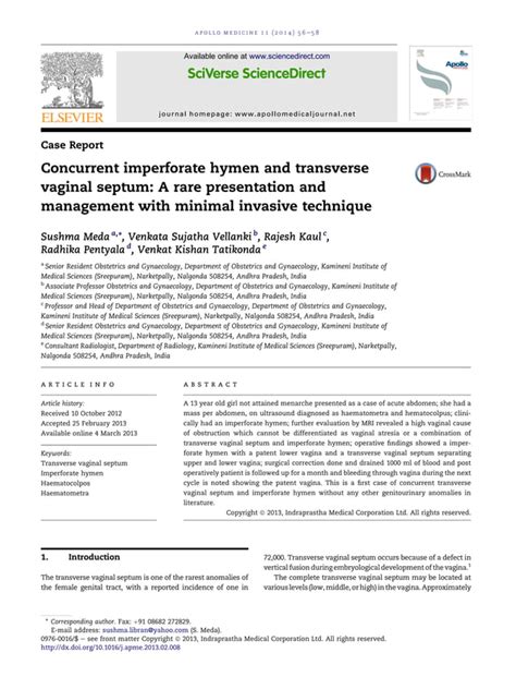 Concurrent Imperforate Hymen And Transverse Vaginal Septum A Rare