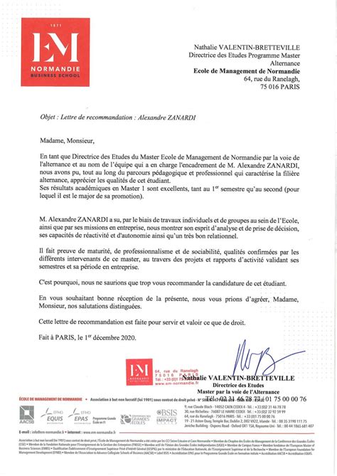 Lettre De Recommandation Em Normandie Alexandre Zanardi Fichier Pdf