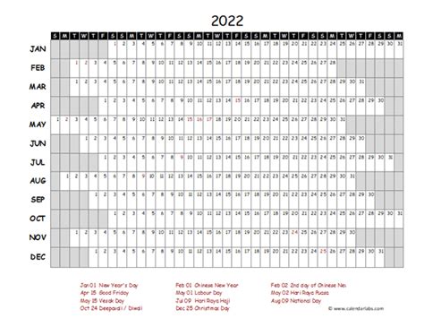 2022 Yearly Project Timeline Calendar Singapore Free Printable Templates
