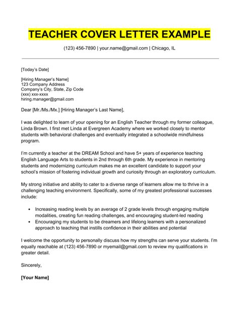 Teacher Cover Letter Example And Writing Tips Resume Genius