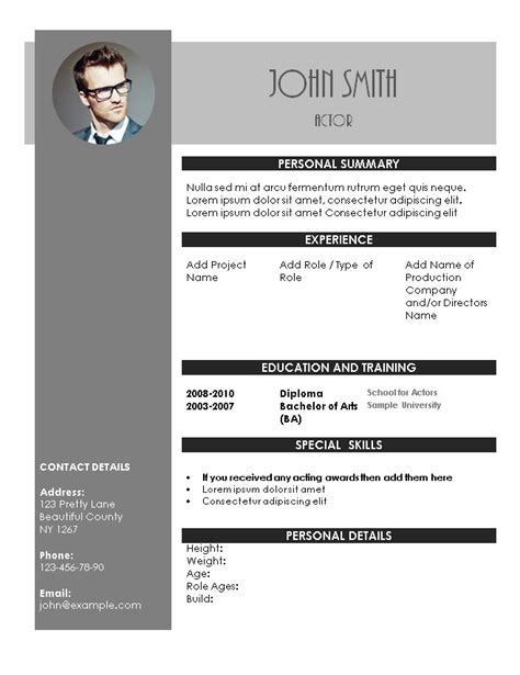 What types of specialist skills should an actor's resume include? Acting Resume Template