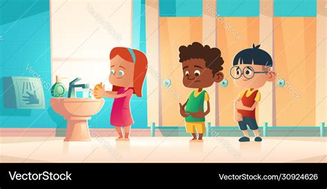 Kids Washing Hands At School Toilet Room Wc Vector Image