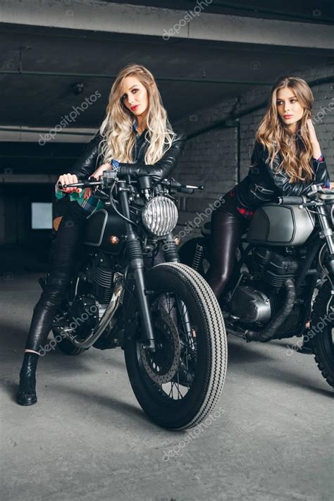 Bikers Women In Leather Jackets With Motorcycles — Stock Photo © Johan