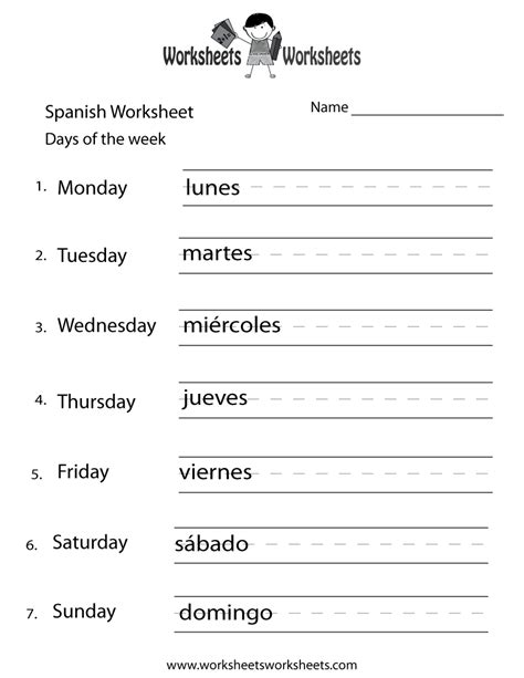 Days Of The Week In Spanish Worksheets