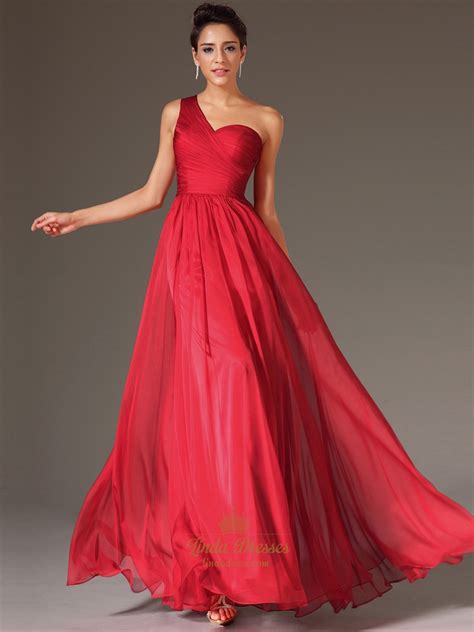 Red One Shoulder Lace Back Chiffon A Line Prom Dress With Pleated