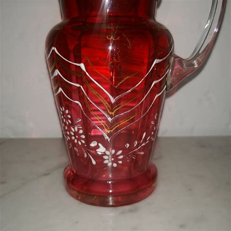 Antique Cranberry Glass Hand Blown And Painted Pitcher Circa Etsy