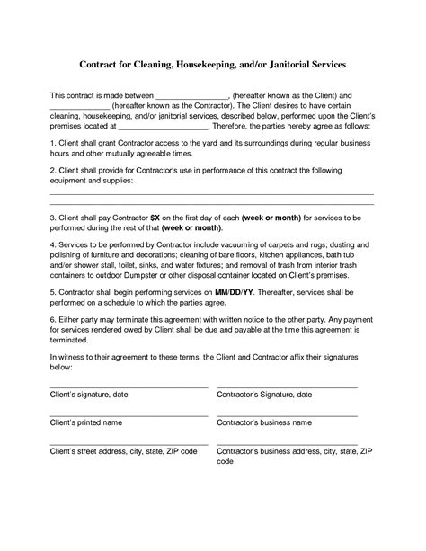 Cleaning Contract Agreement Free Printable Documents
