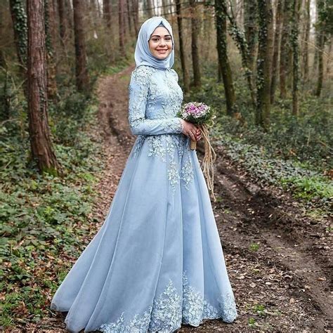 2016 Light Sky Blue Islamic Wedding Dresses Cheap Muslim Long Sleeves
