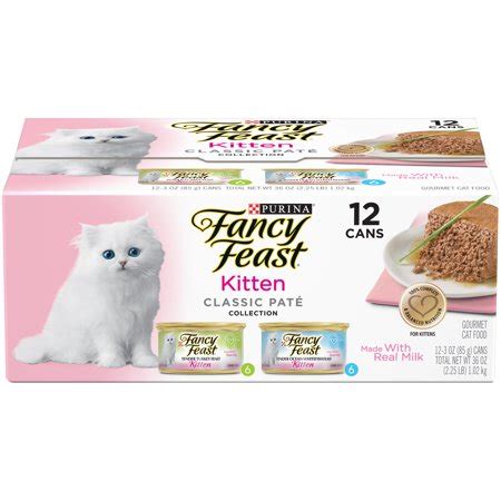 High quality gourmet cat food, from tantalizing pate ocean whitefish & tuna feast, scrumptious grilled chicken feast in gravy and savory pate salmon feast. (12 Pack) Fancy Feast Kitten Classic Pate Variety Pack Wet ...