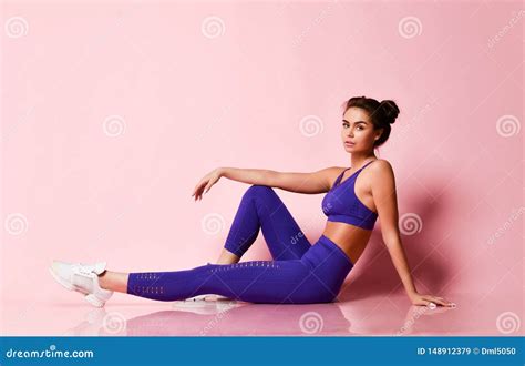 Sporty Slim Brunette Fitness Woman In Blue Sport Wear After Workout