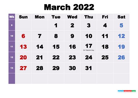 Printable March 2022 Calendar With Holidays Word Pdf