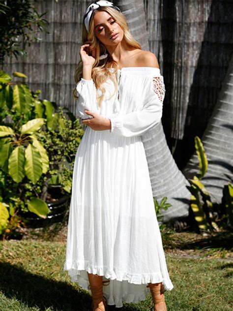 White Long Dress Boho Lace Off The Shoulder Long Sleeve High Low Maxi