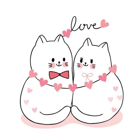 Cartoon Cute Valentines Day Couple Cats And Hearts Vector Cute Easy