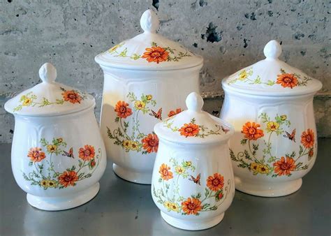 Vintage Set Of 4 White Ceramic Kitchen Canisterscontainers Wbutterfly