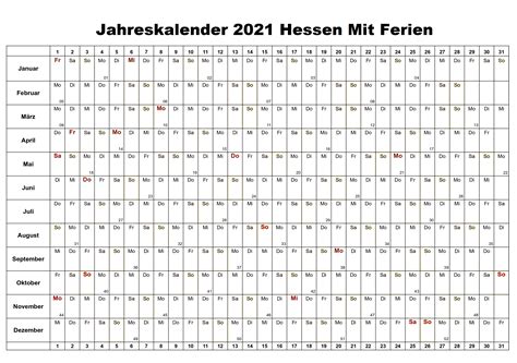 Das jahr 2021 endet am freitag, dem 31.dezember 2021. Jahreskalender 2021 Zum Ausdrucken Kostenlos Hessen ...