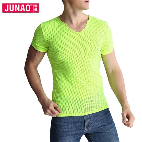 Men Sexy Ice Silk Mesh T Shirt V Neck Undershirts Solid Color Short Sleeve Thin Section Hollow
