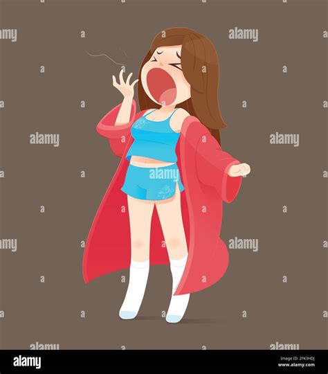 Illustration Woman In Blue Pajamas And Red Robe Standing Yawn On Brown