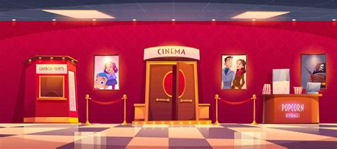 Cinema With Cashbox And Counter With Popcorn Vector Art At