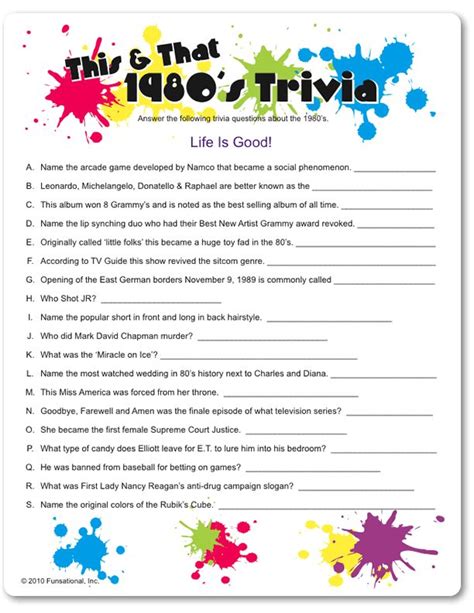 How many of these can you guess correctly? Printable This & That 1980's Trivia - Funsational.com ...