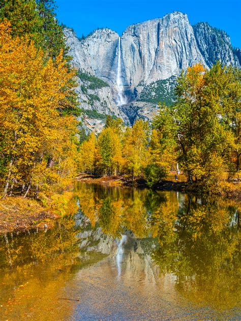Yosemite Falls Reflections Swinging Bridge Merced River Yosemite Autumn