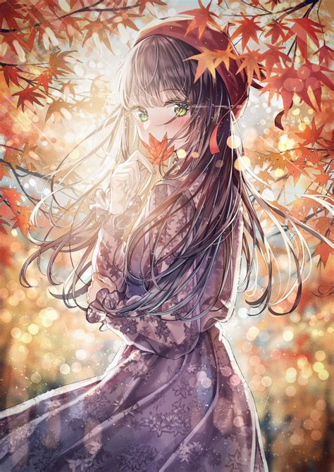 Safebooru 1girl Autumn Leaves Bangs Blurry Blurry Background Blush Brown Hair Covering Mouth