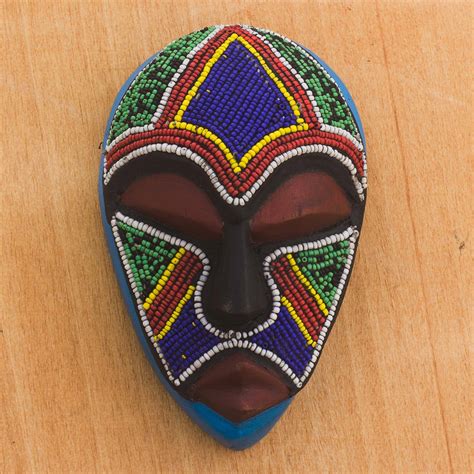 Colorful Beaded African Wood Mask From Ghana Abusua Novica