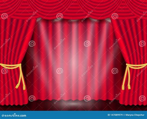 Red Theater Opening Curtain With The Stage Spotlight Vector Illustration Stock Vector