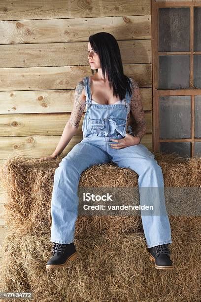Cute Country Girl In The Barn Wearing Dungarees Stock Photo Download